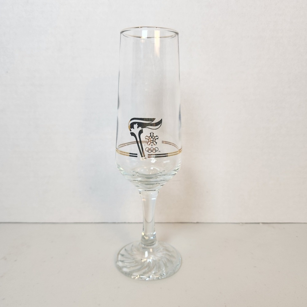 Vintage 1988 Calgaryβ Winter Olympics Champagne Flute Gold Trim Stemmed Flames